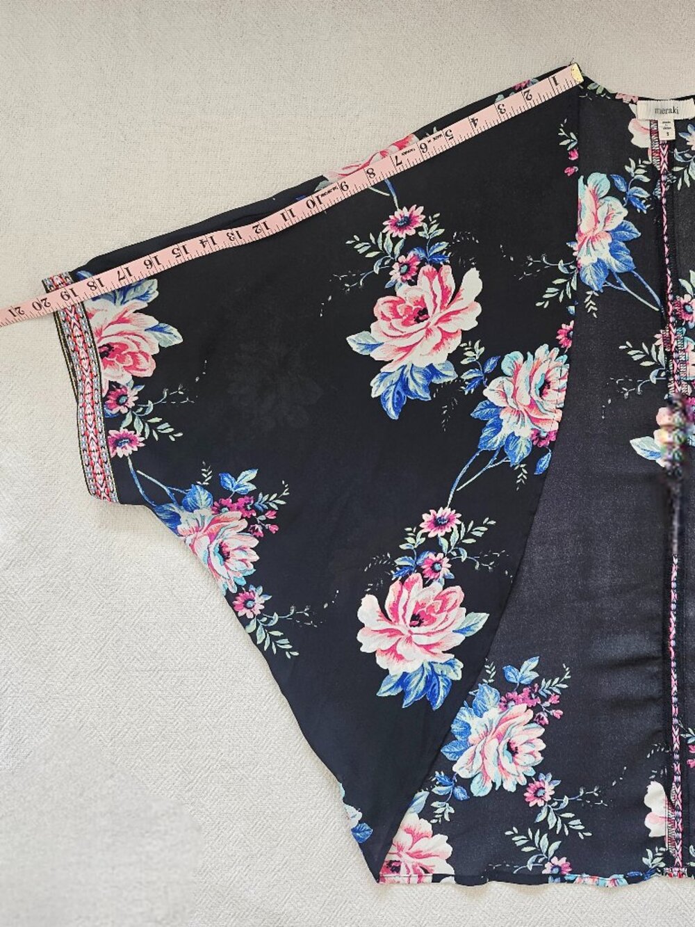 Meraki Black Floral Boho Kimono Cardigan with Embroidered Trim Small - Picture 8 of 8